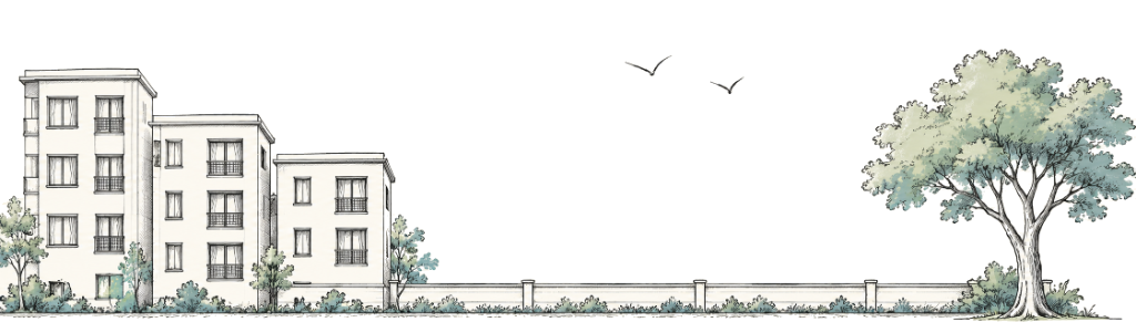 Architectural hand-drawn panoramic illustration of PG House residential buildings, boundary wall, and green courtyard